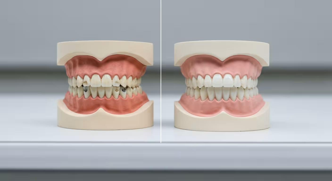 Dental models showing before and after orthodontic treatment with braces