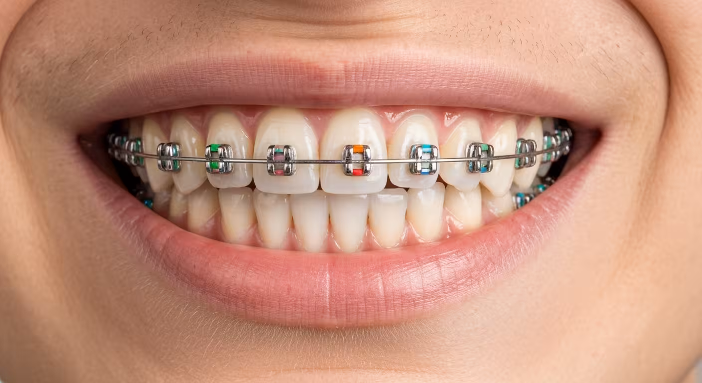 Close-up of metal orthodontic braces on teeth