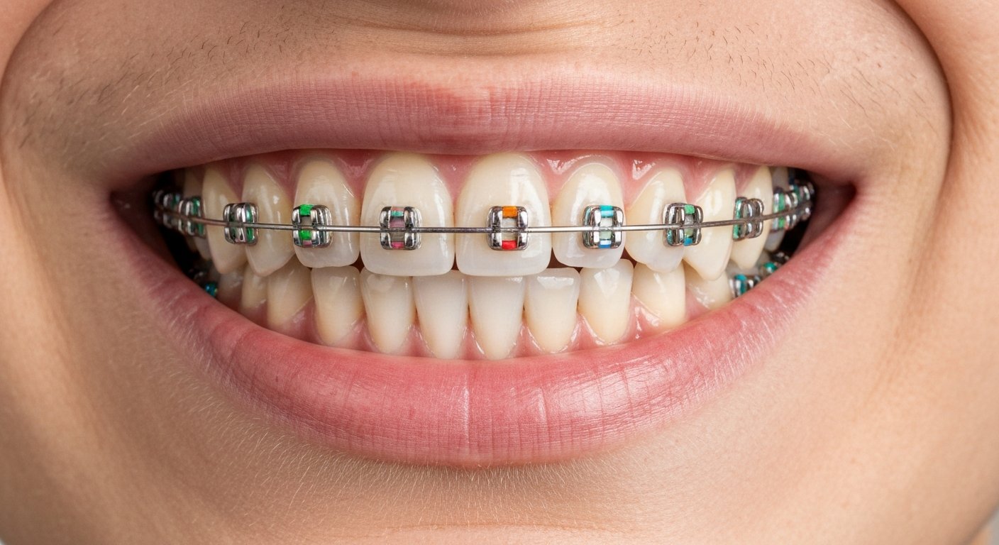 Close-up of metal orthodontic braces on teeth