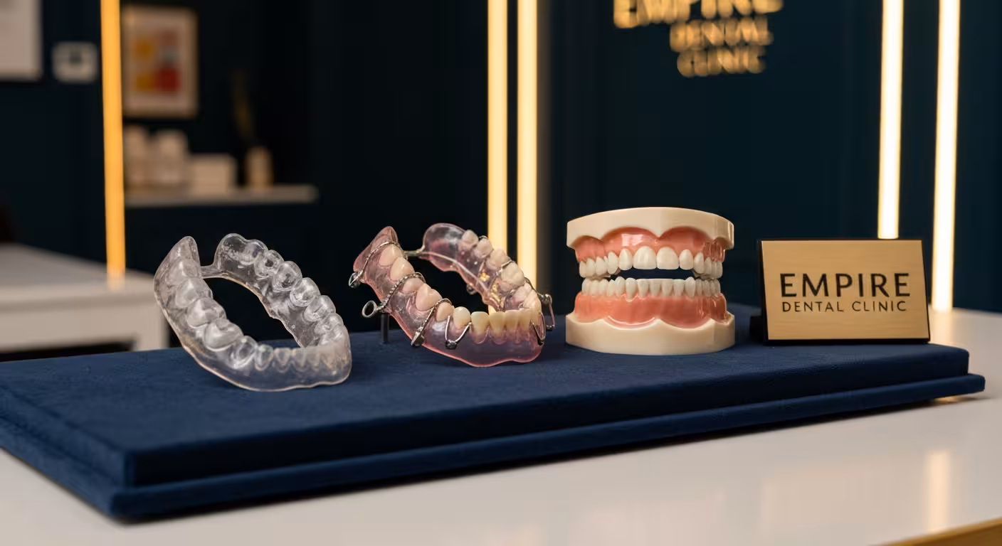 Different types of orthodontic retainers displayed at Empire Dental Clinic