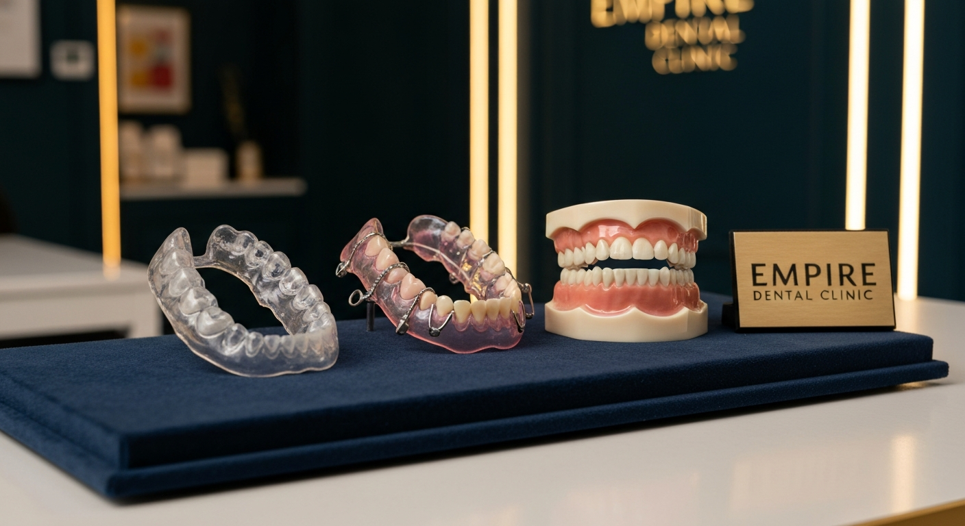 Different types of orthodontic retainers displayed at Empire Dental Clinic