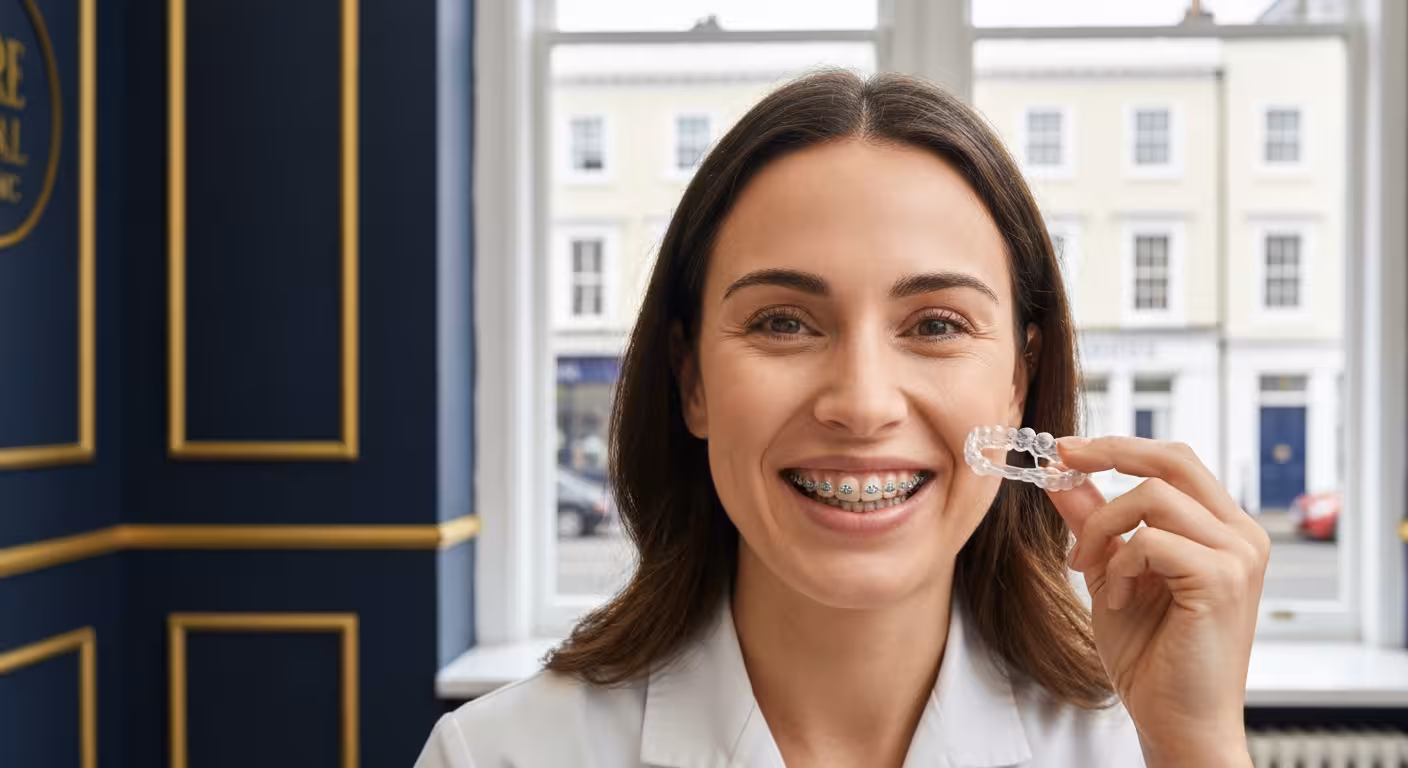 Patient holding clear Invisalign aligner at Empire Dental Clinic Dublin