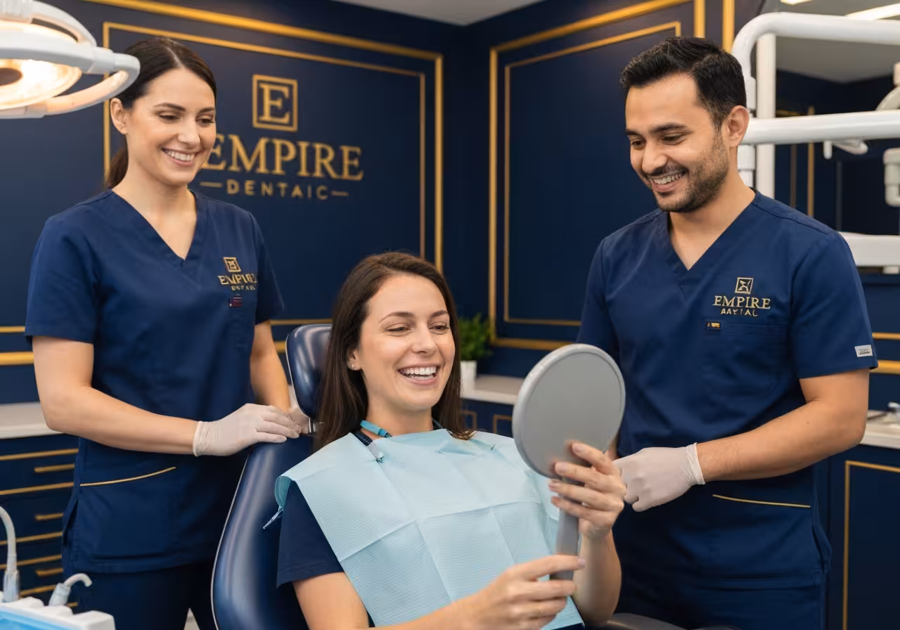 Relieved happy patient checking saved tooth after apicectomy at Empire Dental Clinic