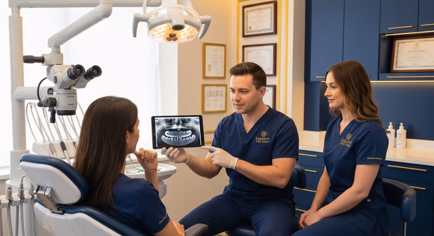 Empire Dental Clinic dentist explaining apicectomy procedure with X-ray to reassured patient