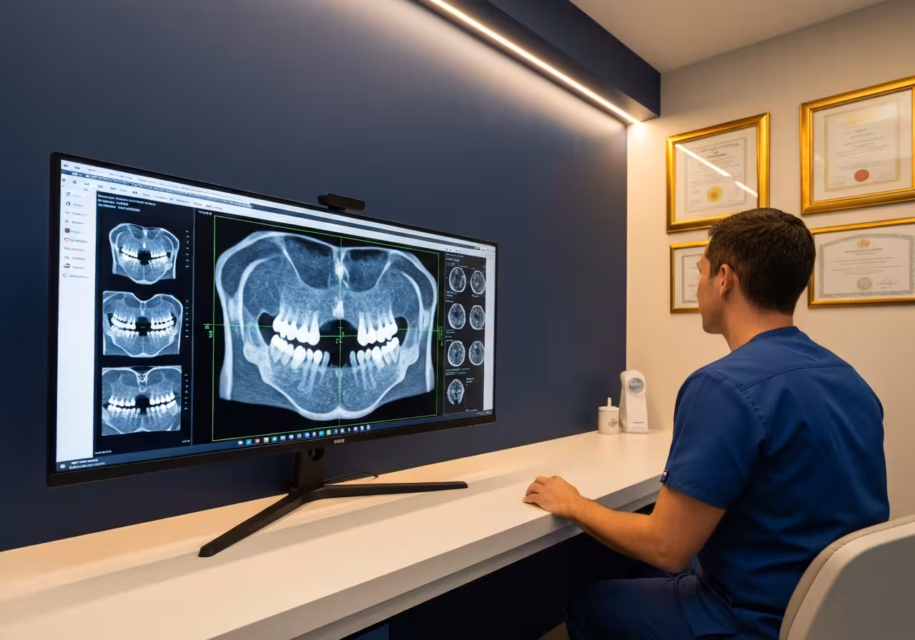 Dentist reviewing 3D CBCT jaw scan for bone graft planning at Empire Dental Clinic