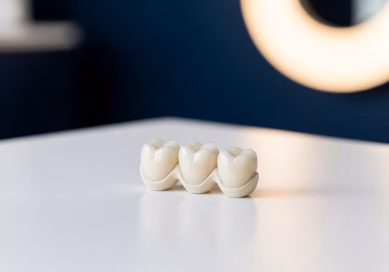 Three-unit zirconia dental bridge showing crown caps and pontic false tooth