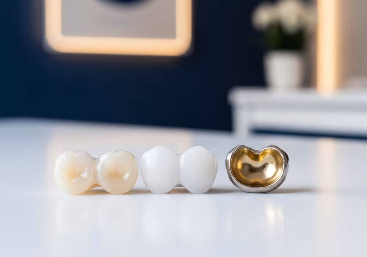 Three types of dental crowns — E-max porcelain, zirconia, and metal-ceramic