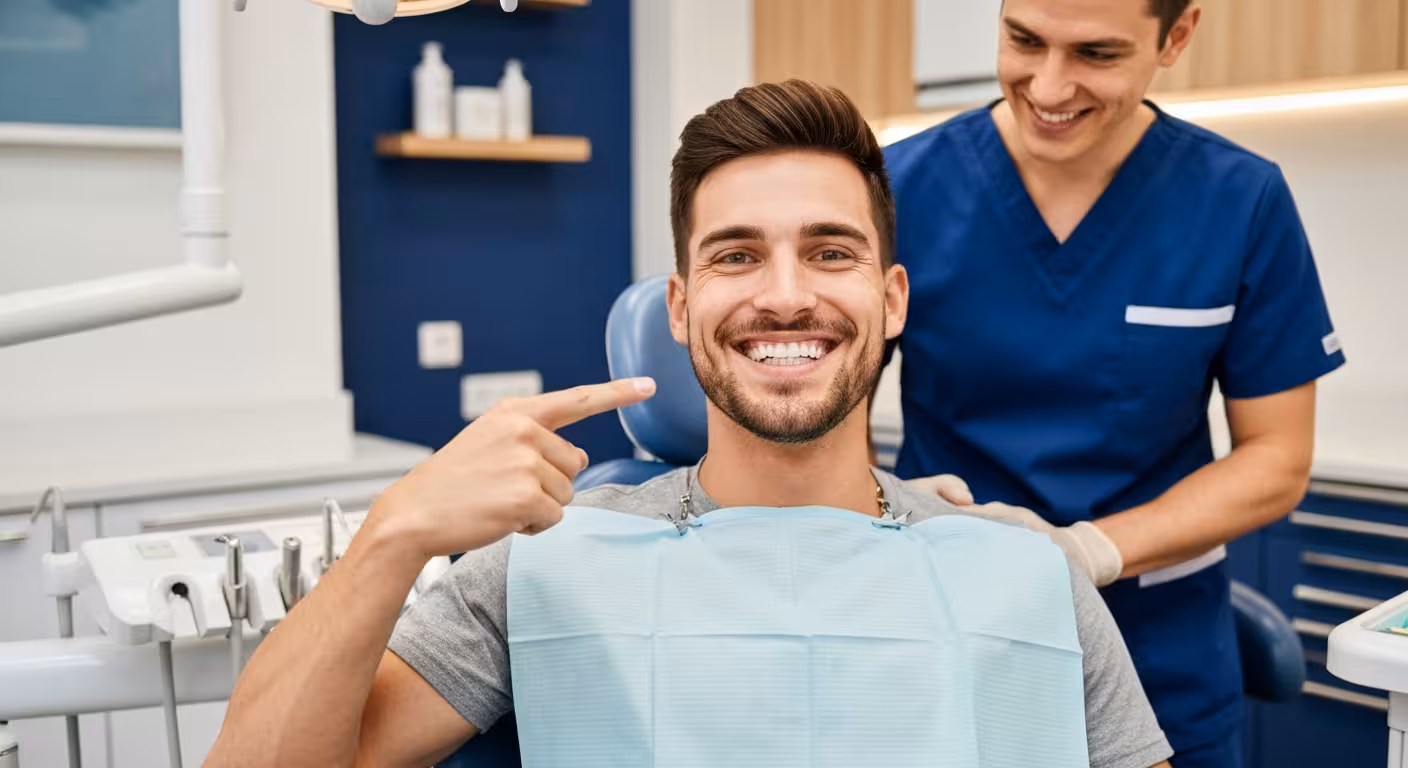 Happy patient smiling after dental crown perfectly matches natural teeth