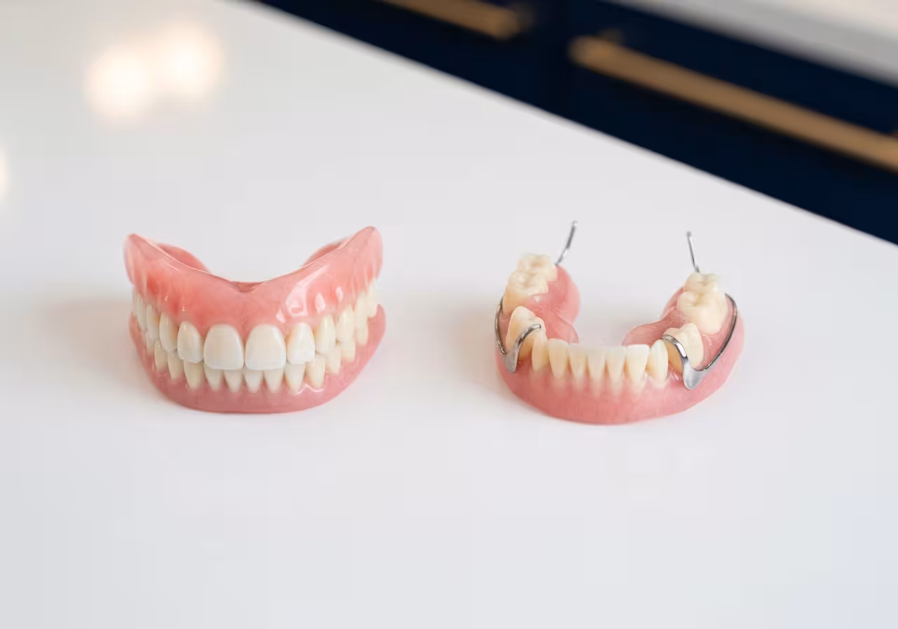 Full upper denture and partial metal framework denture with clasps compared