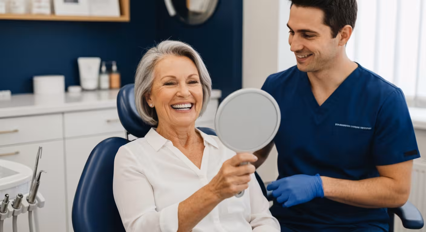 Happy older patient smiling with beautiful new dentures at Empire Dental Clinic