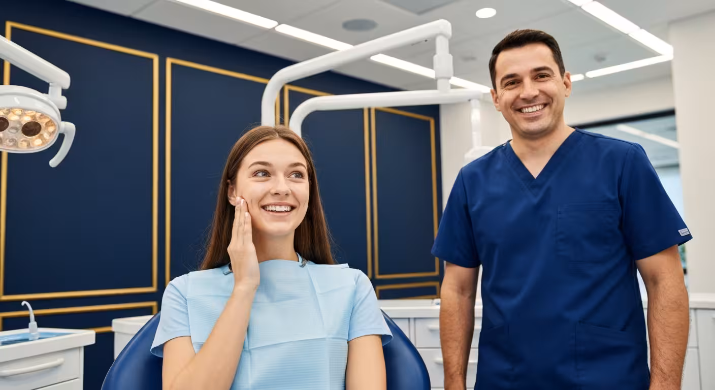 Happy relieved patient after painless tooth extraction at Empire Dental Clinic