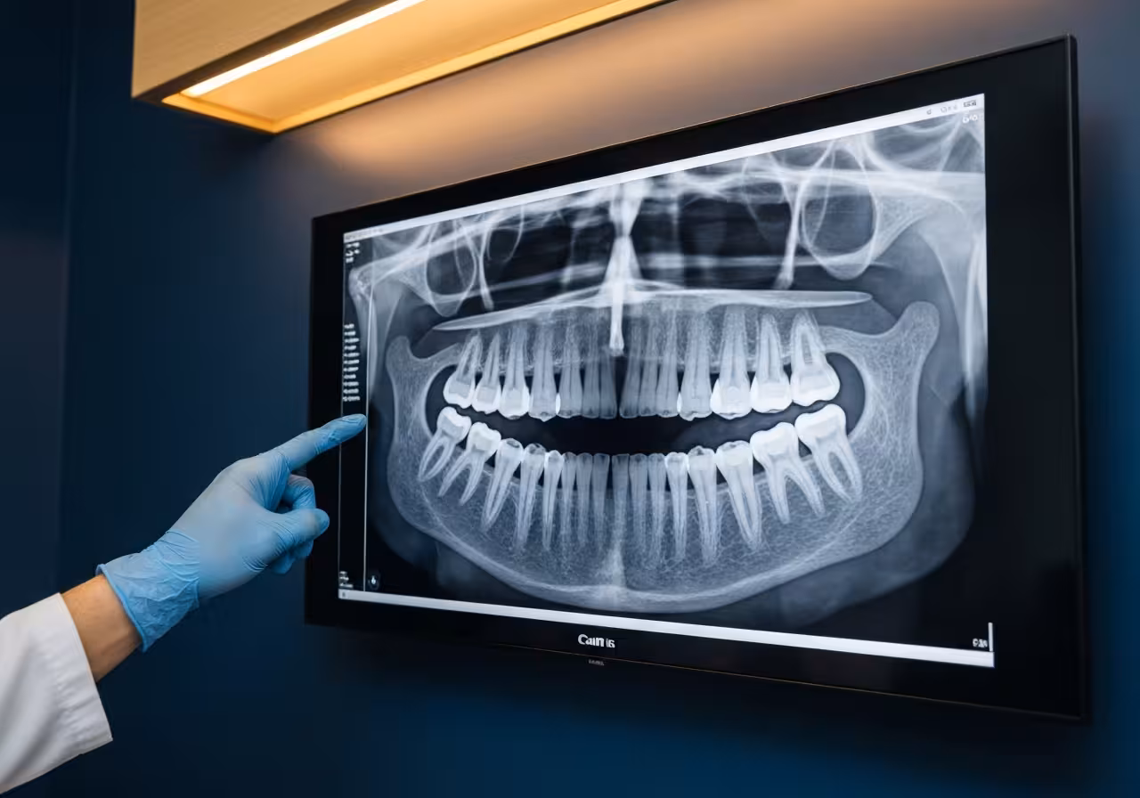 Panoramic dental X-ray showing wisdom teeth for extraction planning