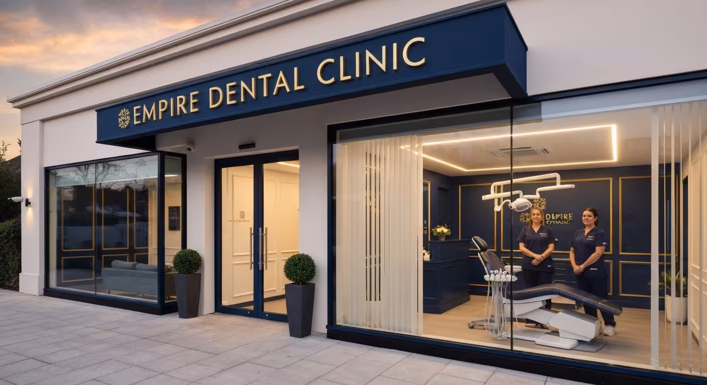 Empire Dental Clinic modern exterior entrance at golden hour