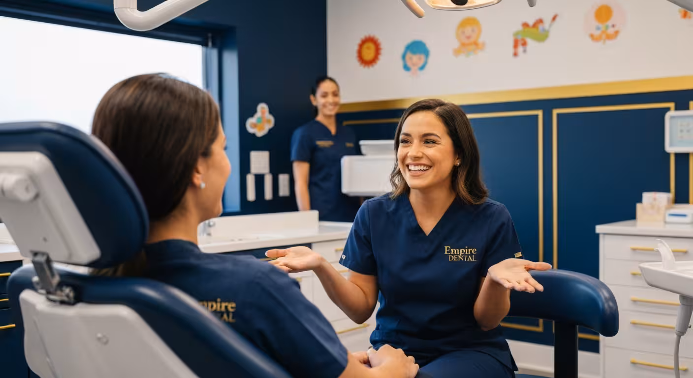 Friendly Empire Dental Clinic dentist welcoming patient for frenectomy procedure