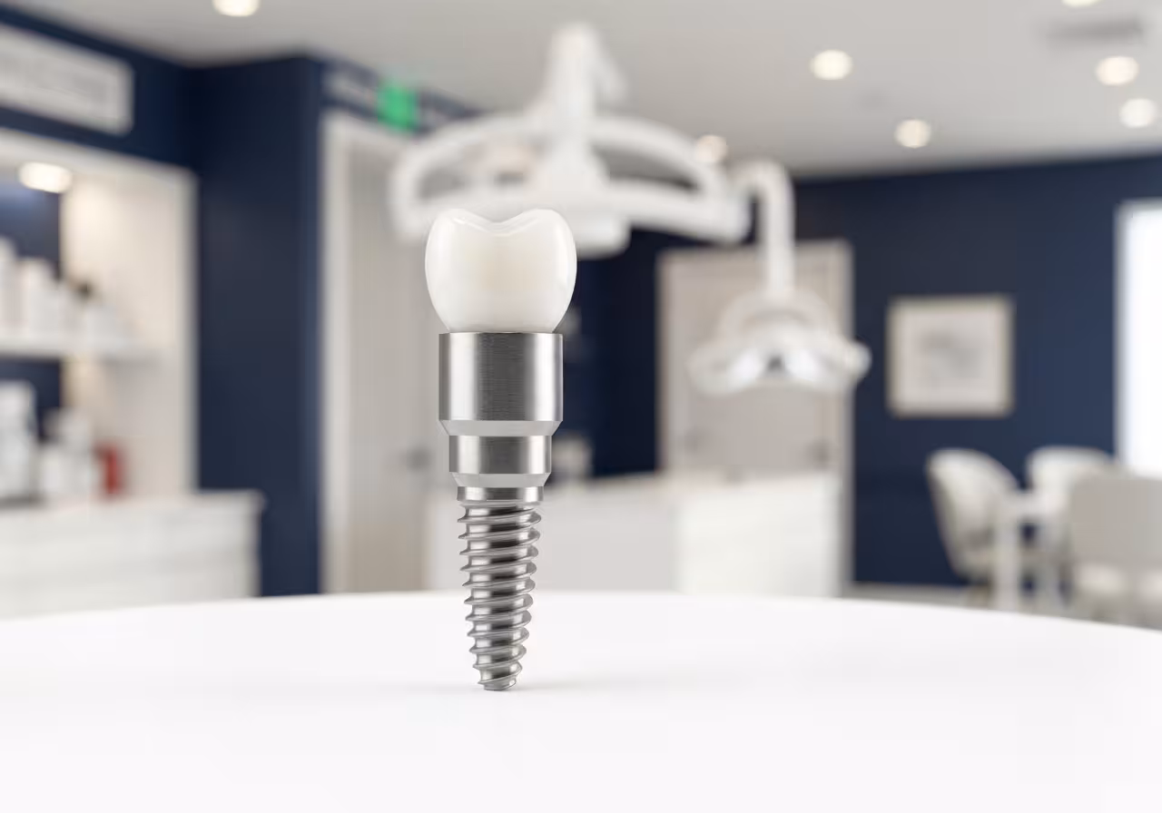 Dental implant system showing titanium screw, abutment, and zirconia crown