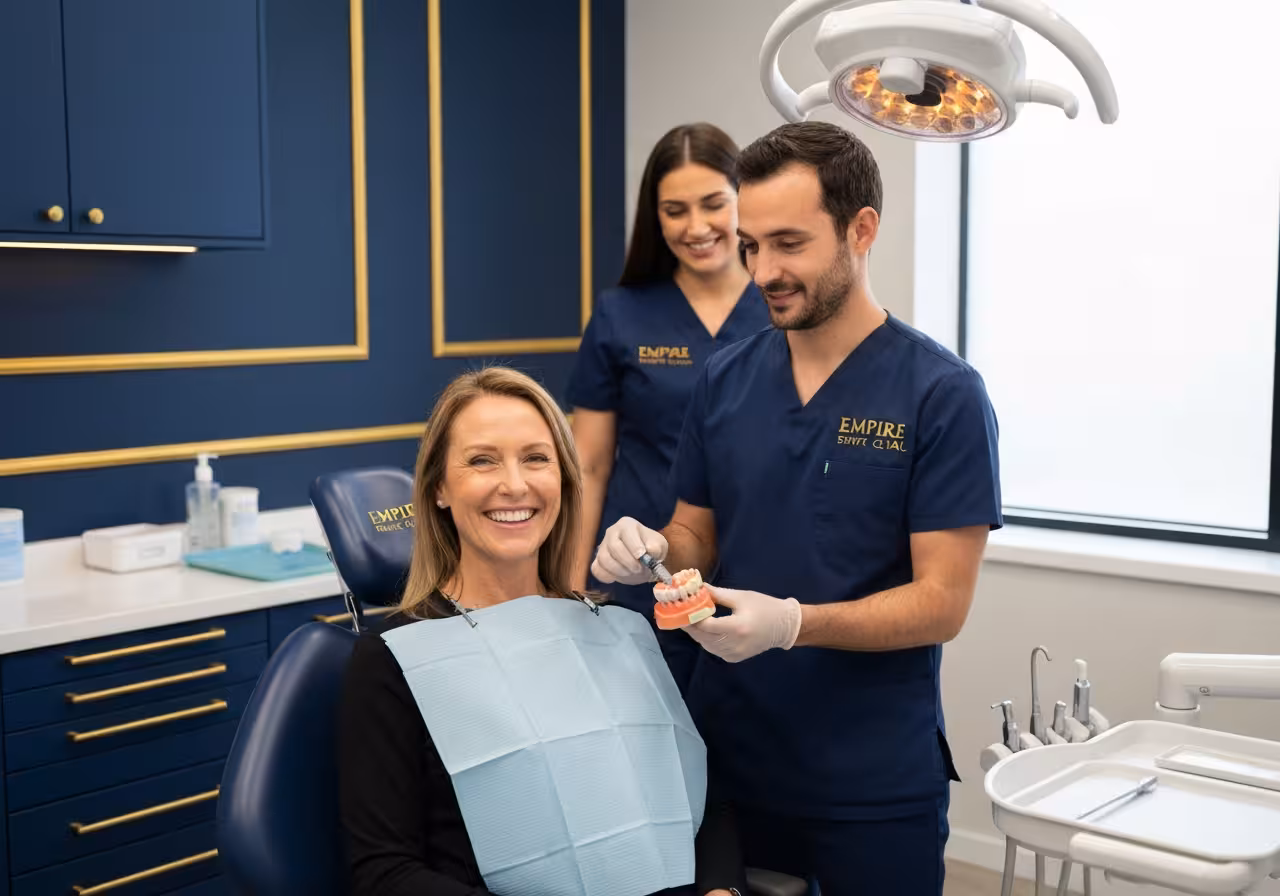 Happy patient learning about sinus lift implant treatment at Empire Dental Clinic
