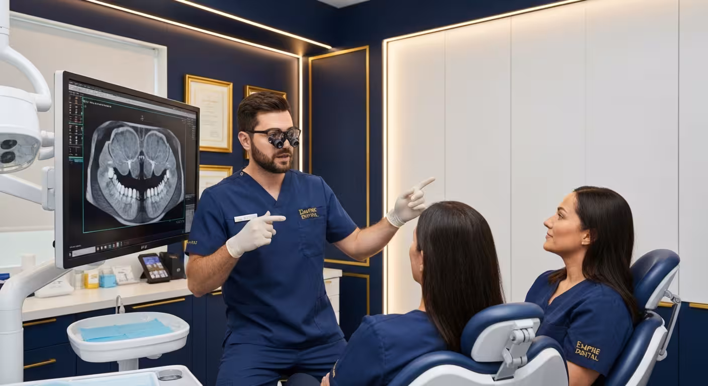 Dental surgeon reviewing 3D sinus scan with patient at Empire Dental Clinic Dublin