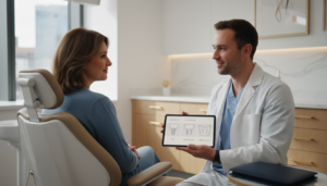 Dentist explaining dental implant, bridge, and denture options to patient at Empire Clinic Dublin