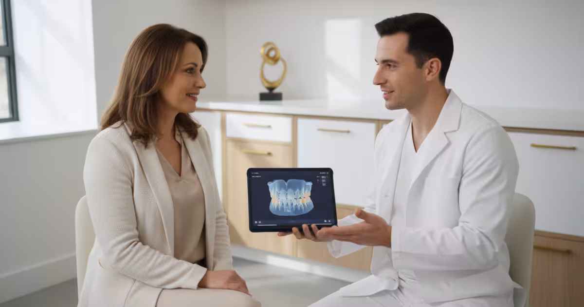 Dental implant cost consultation at Empire Clinic, Dublin — patient reviewing CBCT scan with dentist